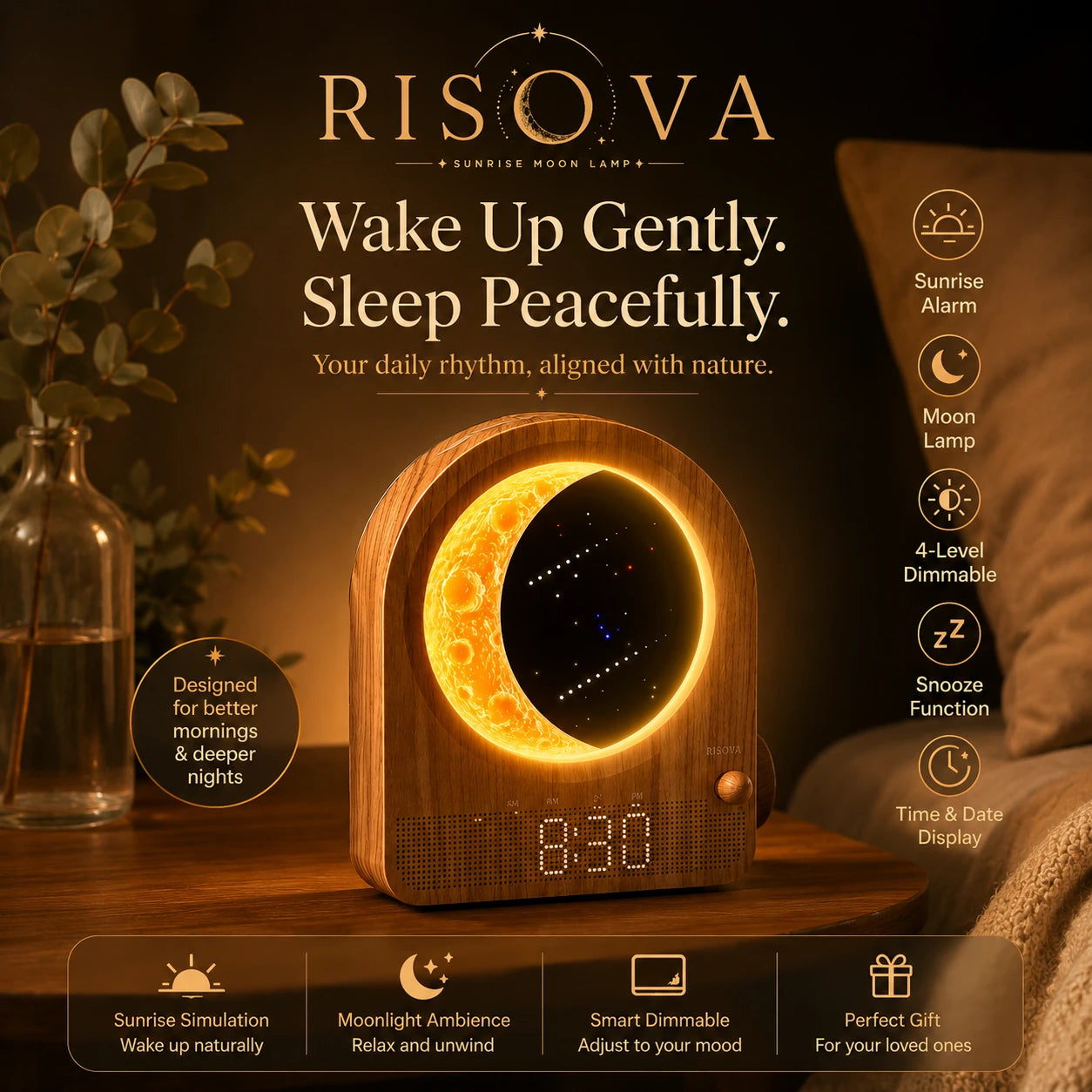 Risova Sunrise Alarm Clock + 3D Moon Lamp | Wake-Up Light